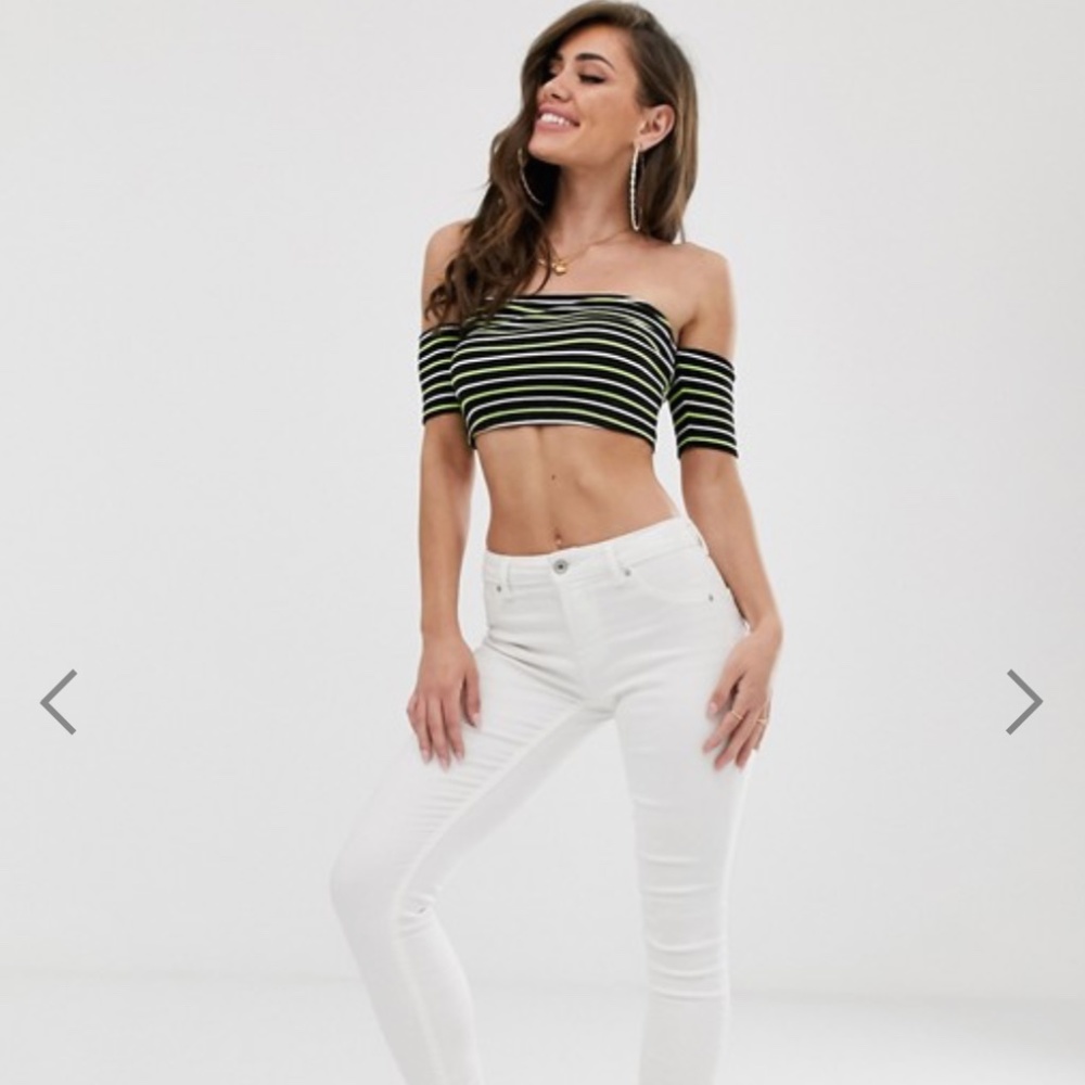 Off shoulder top with short sleeve in neon stripe